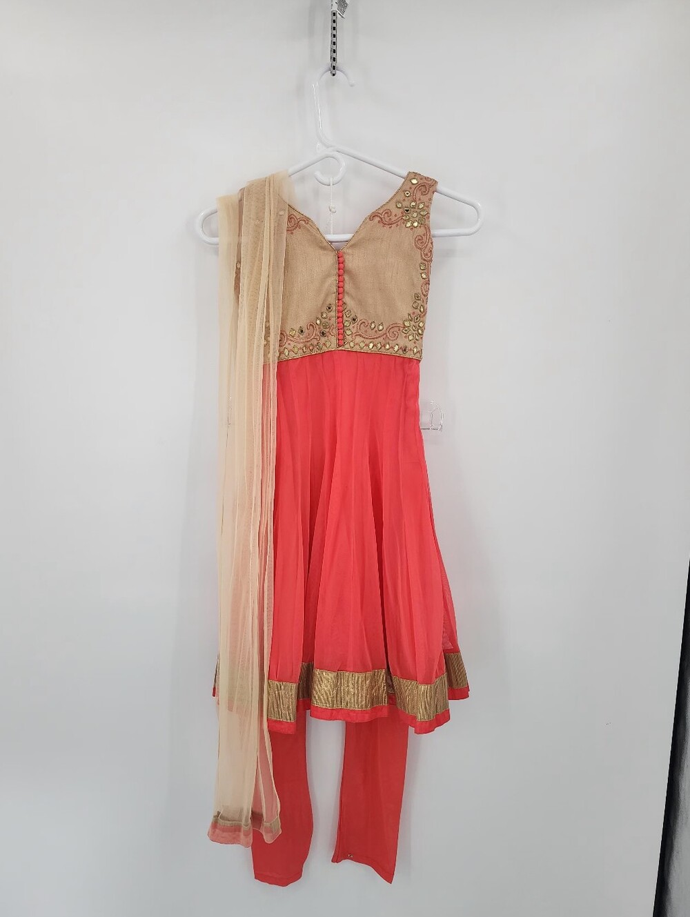 Indian Ethnic Coral and Beige Embroidered Anarkali Dress with Dupatta, Size 26